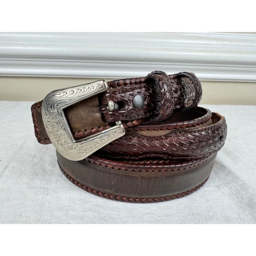Resistol Mens Vintage 1994 Brown Leather Basketweave Western Belt 36 Engraved
